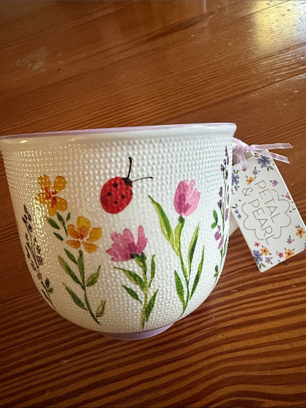 PETAL & PEARL White Floral Mug with ladybugs